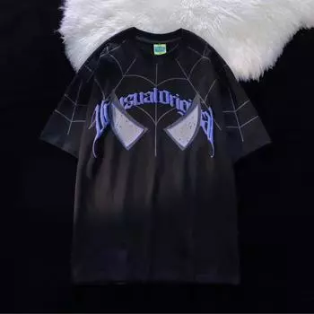 Красивая футболка с принтом «Паутина» для мужчин и женщин. Летняя модная тенденция. Повседневный удобный топ из чистого хлопка для пар с короткими рукавами Harajuku. S чёрный