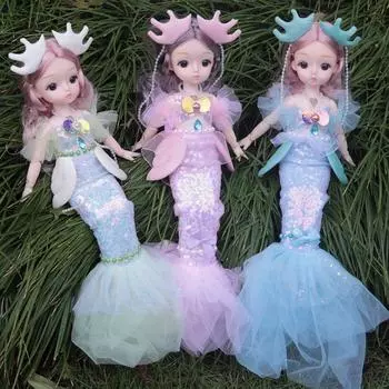 Красивая кукла-принцесса-русалка с мерцающим светодиодным радужным хвостом и кудрявым париком для девочек, модель игрушки