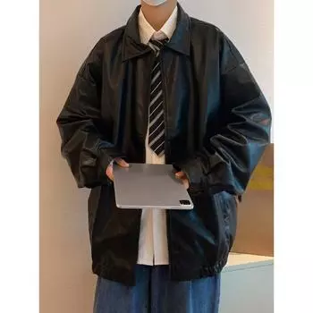 Красивая куртка из искусственной кожи, мужская, трендовая, уличная, осенне-зимняя, свободная, универсальная, подростковая, однотонная, с лацканами, кожаная куртка для мужчин S чёрный