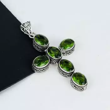 Красивая подвеска с перидотом из серебра 925 пробы - Ручная работа, Дизайн креста, Украшение для повседневной носки, Уникальная подвеска с перидотом, Подарки на День отца 2.95 зелёный