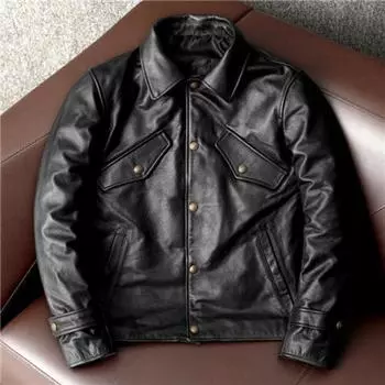 Красивая повседневная кожаная куртка из чистой телячьей кожи первого слоя, мужская куртка с короткими лацканами S чёрный