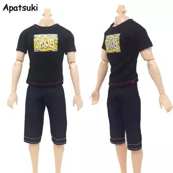 Красивая повседневная одежда для куклы Кена, черная футболка + джинсы, короткие брюки для парня Барби, мужская кукла Кена, одежда чёрный