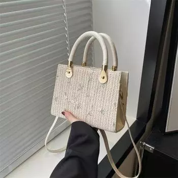 Красивая повседневная сумка-мессенджер для девочек, женская сумка из фактурной ткани, весна 2024, новая портативная женская соломенная маленькая квадратная сумка хаки