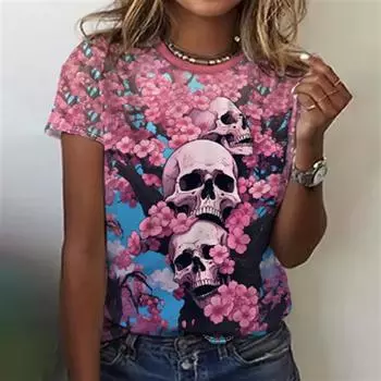 Красивая серия скелетов с 3D цифровой печатью, летние женские свободные футболки с круглым вырезом и коротким рукавом, женские S