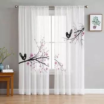 Красивая тюлевая занавеска с цветением вишни и птиц для гостиной, прозрачная занавеска с балдахином для кухни, спальни, оконные шторы 135W x 114H(cm)