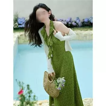 Красивая юбка для женского летнего французского отпускного стиля, зеленое цветочное платье с вырезом на шее для повседневных женщин S- (can be worn within 45kg)