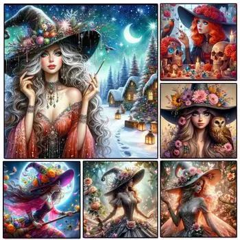 Красивая ведьма, девочка, сова, алмазная картина, новые наборы для вышивки крестом 2024 года, полная алмазная мозаика, вышивка, домашний декор, искусство на Хэллоуин square 30x30cm белый