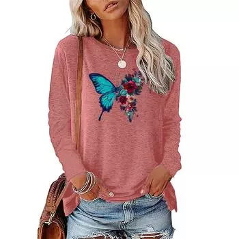 Красивая женская футболка с длинными рукавами и принтом в стиле ретро с изображением полубабочки-полурозы S