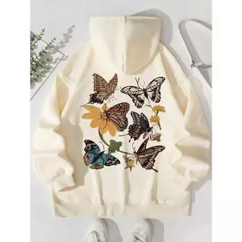 Красивая женская толстовка с принтом летающих бабочек Harajuku Loose Sweatshirt из флиса, теплая винтажная осенняя женская толстовка с круглым вырезом S