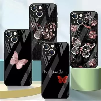 Красивейший стеклянный чехол с розовой бабочкой для Apple iPhone 14 13 Pro 11 12 7 8 Plus SE 2022 XR X XS Max 6 6S, закаленный чехол для телефона iPhone 14 Plus