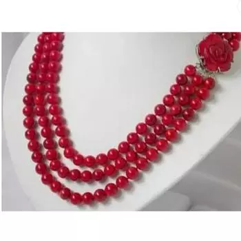 Красивое 20-дюймовое 3-рядное 9-миллиметровое красное коралловое круглое ожерелье кораллового цвета