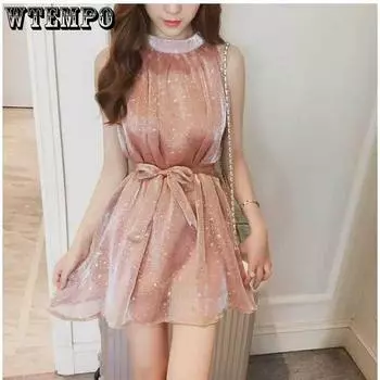 Красивое блестящее свободное шифоновое платье, летнее платье с открытыми плечами, без рукавов, юбка-фея S