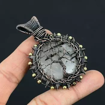 Красивое Древо Жизни Черный Рутил Драгоценный Камень Ручной Работы Из Чистой Медной Проволоки Ювелирный Подвеска 2.56 Inches чёрный