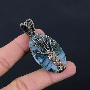 Красивое Древо Жизни Мох Агат Драгоценный Камень Чистая Медная Проволока Обертка Ювелирные Изделия Ручной Работы Подвеска 2.44 Inchres серый