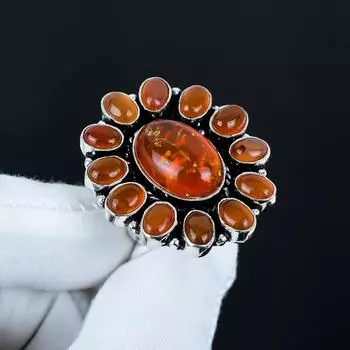 Красивое кольцо с драгоценным камнем Амбар, кольцо из стерлингового серебра 925 пробы, подарок для нее, овальный камень, элегантное кольцо ручной работы, серебряное кольцо с цветком Амбар, свадебный подарок US 4 красный