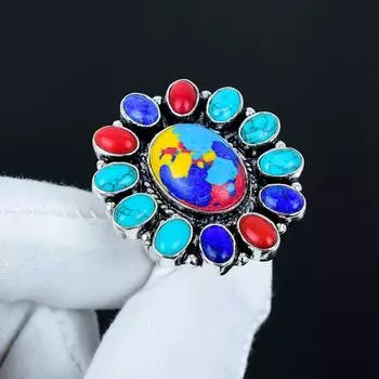 Красивое кольцо с мозаичным яшмовым драгоценным камнем, кольцо из стерлингового серебра 925 пробы, подарок для нее, овальный камень, элегантное кольцо ручной работы, серебряное кольцо с цветком из мозаичной яшмы US 4 синий