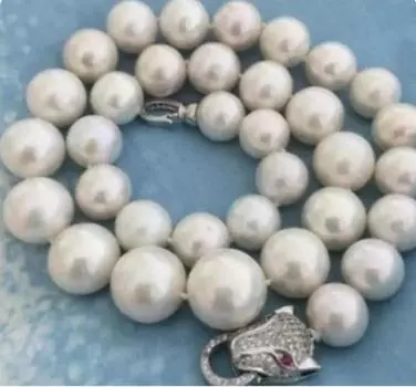 Красивое огромное 18-дюймовое 10-11 мм ОЖЕРЕЛЬЕ С НАТУРАЛЬНЫМ БЕЛЫМ ЖЕМЧУГОМ ЮЖНОГО МОРЯ, ЗАСТЕЖКА в виде головы леопарда
