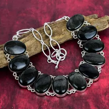Красивое ожерелье из натурального серебра с обсидианом 925 пробы из стерлингового серебра с регулируемой цепочкой, ожерелье из драгоценных камней ручной работы Adjustable with 18 inches чёрный