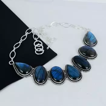 Красивое ожерелье из серебра 925 пробы с драгоценным камнем лабрадорит, серебряное ожерелье с лабрадоритом для жены, ожерелье унисекс, подарок на день рождения 20 синий