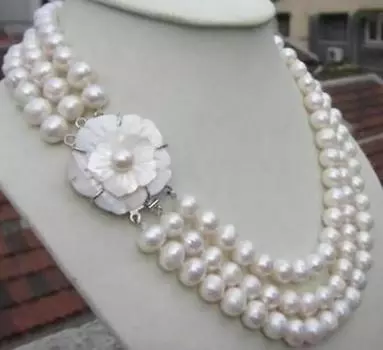 Красивое ожерелье из трех рядов 8-9 мм из натурального белого жемчуга Южного моря