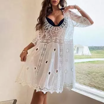 Красивое пляжное платье с тонкими рукавами выше колена, ажурный купальник с большим подолом, накидка для отдыха чёрный