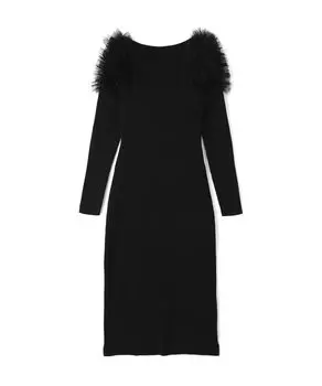 Красивое повседневное трикотажное платье с тюлевыми оборками на плечах, черное [натуральный базовый], Платье, Платье, Женское, чёрный