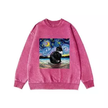 Красивое женское худи с принтом звездных кошек, состаренное, осеннее, с круглым вырезом, оверсайз, из тонкого хлопка, свитшот S