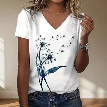 Красивые блузки с рисунком одуванчиков, футболки с коротким рукавом и V-образным вырезом, повседневные XS фиолетовый