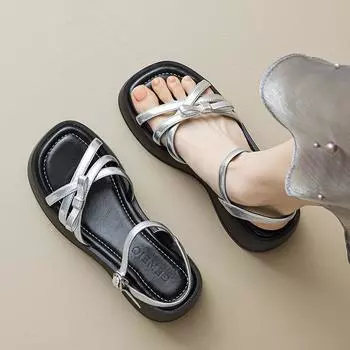 Красивые босоножки на толстой подошве и высоком каблуке для летней женской одежды, изысканные новые женские босоножки 2024 года с закругленным каблуком и закругленным носком 35 серебряный