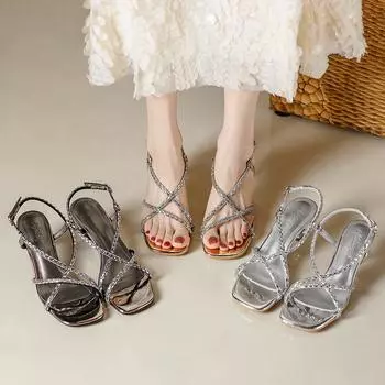 Красивые босоножки на высоком каблуке fairy wind water diamond 2024 лето новый средний каблук квадратный нос тонкий пояс темперамент римская обувь девушка 34 серебряный