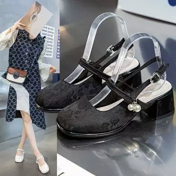 Красивые босоножки на высоком каблуке женские 2025 новые летние новые китайские туфли с юбкой женские с сумкой на толстом каблуке одинарные туфли 35
