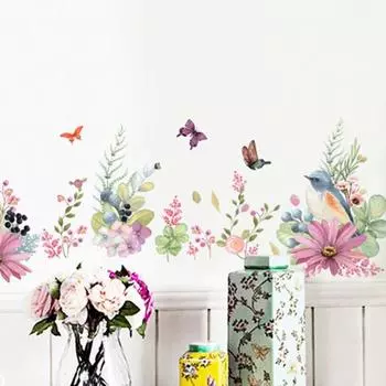 Красивые цветы, птицы, бабочки, наклейки на стену, теплые наклейки для декора спальни, обои, наклейки для украшения дома
