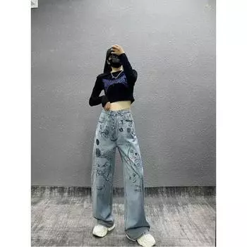 Красивые джинсы для тяжелой промышленности с принтом бриллиантов, женские весенние свободные прямые универсальные брюки с высокой талией, широкие брюки