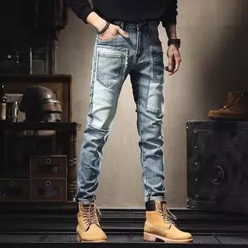 Красивые джинсы Tide Patch Gangster, мужские трендовые узкие брюки с несколькими карманами, эластичные брюки с нашивкой Collision Patch 28