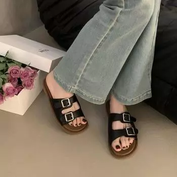 Красивые французские тапочки, женская летняя одежда 2024 года, новые ретро-тапочки с мягкой подошвой для пляжа и моря, классные тапочки, обувь Boken 35 чёрный