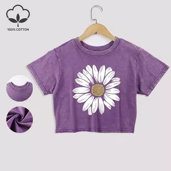 Красивые футболки из стираного хлопка с принтом подсолнуха, трендовые летние укороченные футболки с кружевной отделкой, с круглым вырезом, стандартной посадки, с короткими рукавами, повседневная одежда M