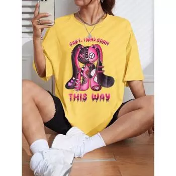 Красивые футболки с принтом кролика-марионетки, классические удобные женские футболки, спортивная мягкая одежда, модная, простая в уходе, с коротким рукавом S чёрный