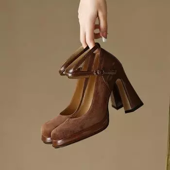 Красивые и тонкие элегантные толстые каблуки, водонепроницаемые туфли Мэри Джейн на высоком каблуке, модные универсальные туфли 34 светло-коричневого