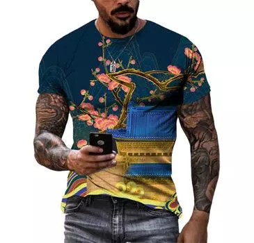 Красивые китайские элементы мужские футболки повседневные HD 3D принт узор футболка хип-хоп Harajuku личность круглый вырез короткий рукав топ S
