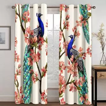 Красивые красные цветы, животные, павлин, пейзаж, абажур, занавеска, 2 панели, роскошные шторы для гостиной, спальни, домашний декор 100W130H(CM)40x51in&Hook