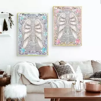 Красивые Крылья Ангела Потертый Шик Синий Розовый Цветочный Холст Абстрактная Живопись Перья Картины для Гостиной Скандинавский Домашний Декор (с рамкой) 15*20cm(with frame)