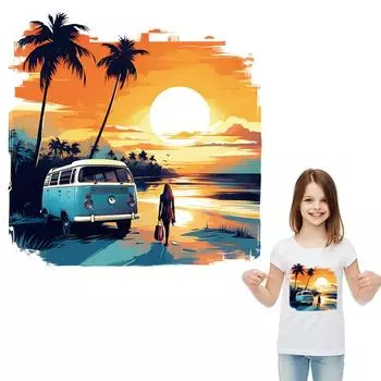 Красивые нашивки для девочек с закатом для одежды, летний пляжный автобус, аксессуары для одежды, моющиеся теплопередачи, сделай сам, новые горячие патчи