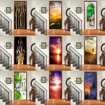 Красивые пейзажные двери, украшения для холодильника, наклейки, закат, простые абстрактные линии, бамбуковые обои для гостиной, домашний декор, художественные наклейки для спальни 40x120cm