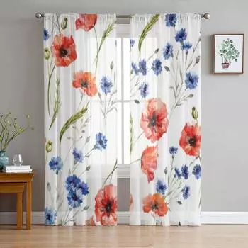 Красивые полевые цветы Мак акварельные прозрачные шторы для спальни гостиной тюлевые шторы для кухни оконные вуали 135W x 114H(cm)