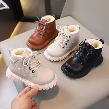 Красивые повседневные универсальные удобные плюшевые теплые нескользящие короткие ботинки с простой боковой молнией для мальчиков и девочек, кожаные ботинки 21