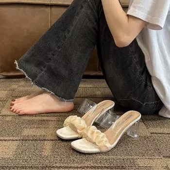 Красивые прозрачные фиолетовые босоножки на высоком каблуке, тапочки, женская летняя одежда, стиль феи с юбкой, вечерние босоножки на толстом каблуке 35 бежевый