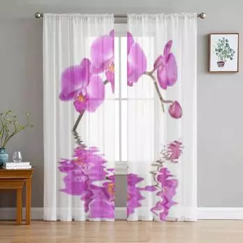 Красивые розовые тюлевые шторы с цветами орхидеи для украшения гостиной, современная вуаль, шифоновые шторы для спальни, прозрачная вуаль 135W x 114H(cm)