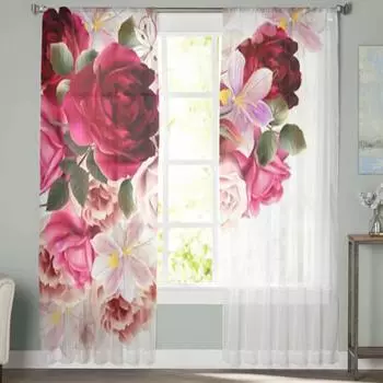 Красивые розы и цветы гиацинта. Прозрачные шторы. Вуаль для спальни. Прозрачная штора для окна гостиной. Кухонные тюлевые шторы. 135W x 114H(cm)
