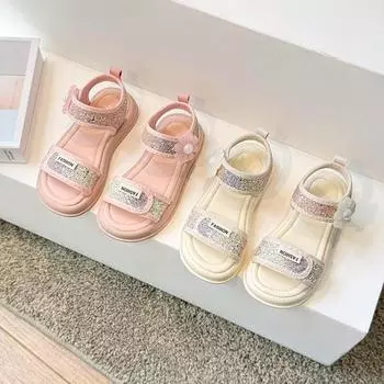 Красивые сандалии с цветами для девочек, градиентные цветные детские летние пляжные туфли, модные детские сандалии с блестками и жемчугом для принцессы 2024 года, новые 26 розовый