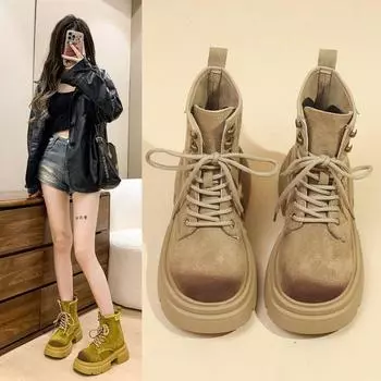 Красивые сапоги для верховой езды, женские, осень 2024, новые, британский стиль, ретро, матовые, толстая подошва, шнуровка, байкерские ботинки 35 хаки